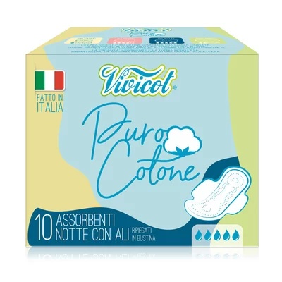 Absorbante de noapte Puro Cotone extra lungi din bumbac bio, 5 picaturi, 10 bucati, Vivicot