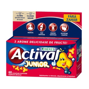 Actival Junior cu 3 arome delicioase de fructe, 60 comprimate masticabile, Beres
