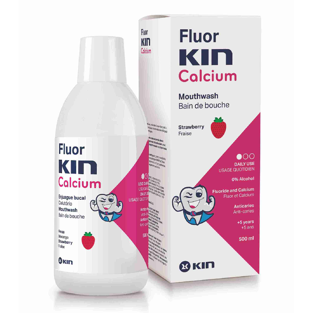 apa de gura pentru copii cu aroma de capsuni fluor kin calcium 500 ml kin.png