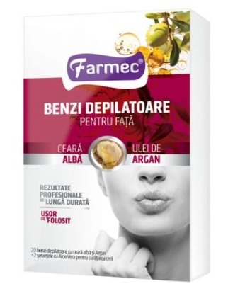 Benzi depilatoare pentru fata cu ceara alba si ulei de argan, 20 bucati + 2 servetele, Farmec