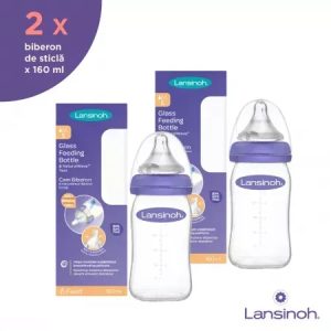 Biberon din sticla cu tetina flux lent 160ml, pachet promo, 2 bucati, Lansinoh