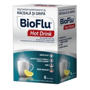 Bioflu Hot Drink 500mg/200mg/4mg granule pentru solutie orala, 8 plicuri, Biofarm