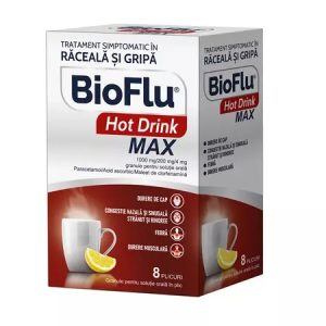 Bioflu Hot Drink Max, 1000mg/200mg/4mg granule pentru suspensie orala, 8 plicuri, Biofarm