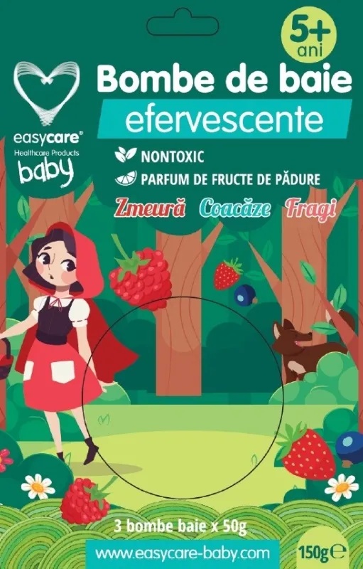 Bombe de baie efervescente pentru copii cu parfum de fructe de padure 5ani+, 3 bucati, Easycare Baby