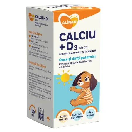 Calciu + Vitamina D3 sirop Alinan, fara zahar, 150 ml, Fiterman