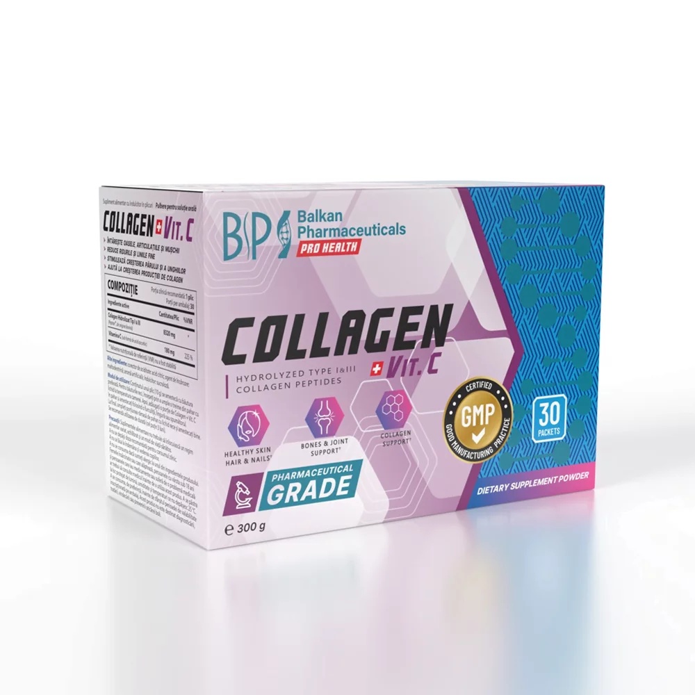 Collagen + Vitamina C Pulbere Solutie Orala, 30 pliculete, Balkan Pharmaceuticals