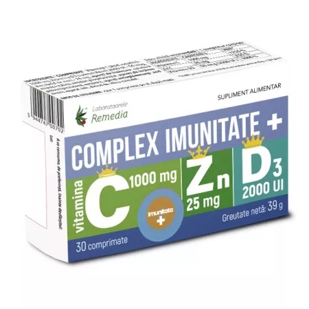 Complex Imunitate + Vitamina C 1000 mg + Zinc 25 mg + Vitamina D3 2000 UI, 30 comprimate – Remedia