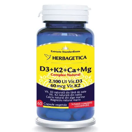 Complex natural D3+K2+Ca+Mg, 60 capsule vegetale, Herbagetica