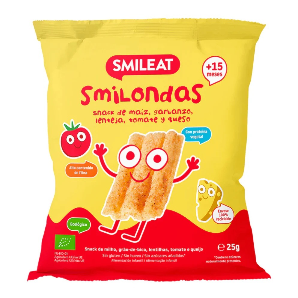 Crackers Bio Smilondas cu porumb, naut, linte, rosii si branza +15 luni, 25 g – Smileat