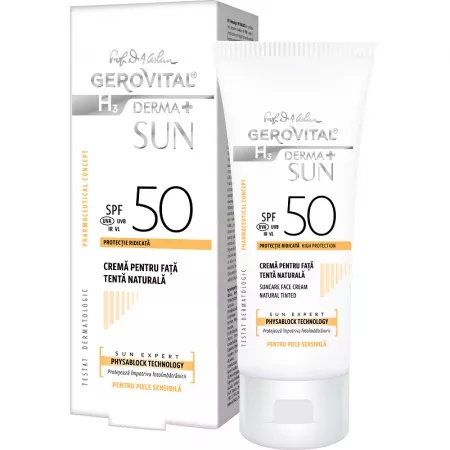 Crema pentru fata cu SPF 50 H3 Derma+ Sun Gerovital, nunata naturala, 50 ml