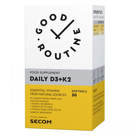 Daily D3 2000 UI + K2 Good Routine, 30 capsule gelatinoase moi, Secom