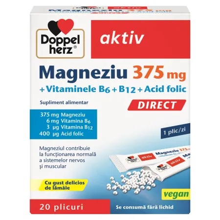 Doppelherz Magneziu 375 mg Direct + Vitaminele B6, B12 și Acid folic, 20 plicuri
