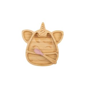 Farfurie din bambus cu 4 compartimente cu ventuza de silicon si lingura, Unicorn roz, 4 luni+, Citron