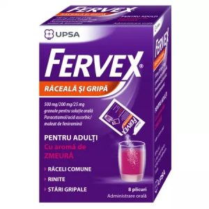 Fervex Raceala si Gripa cu aroma de zmeura 500mg/200mg/25mg, 8 plicuri, Upsa