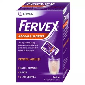Fervex Raceala si Gripa pentru adulti 500mg/200mg/25mg, 8 plicuri, Upsa