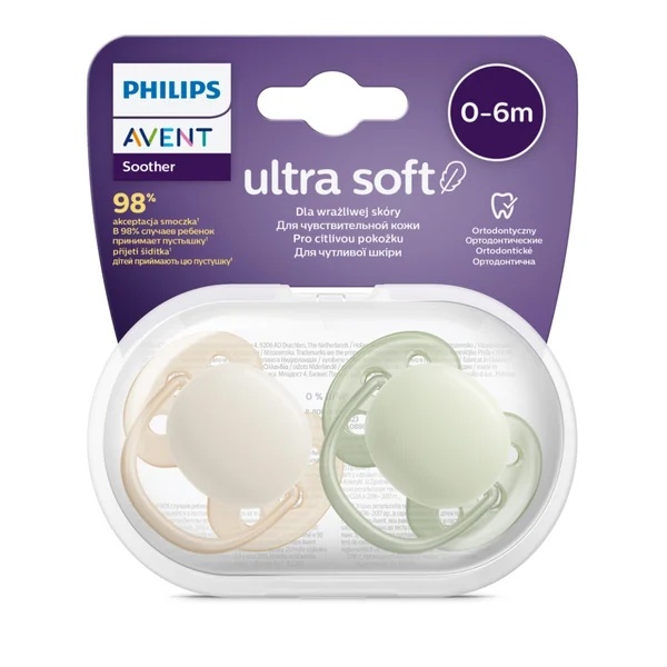 Suzete Ultra Soft SCF091/05 pentru 0-6 luni Verde/Galben, 2 bucati, Philips Avent