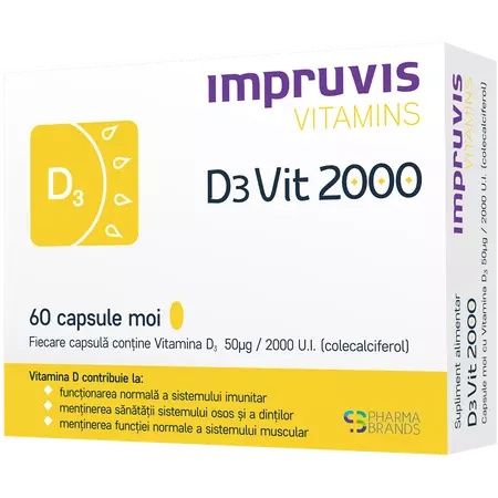 Impruvis D3Vit 2000 cu Vitamina D3 2000 U.I., 60 Capsule Moi