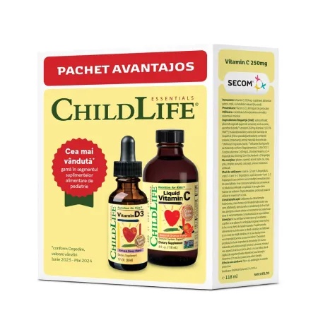 Kit de imunitate pentru copii ChildLife – Vitamina C 118.5 ml + Vitamina D3 29.6 ml, Secom