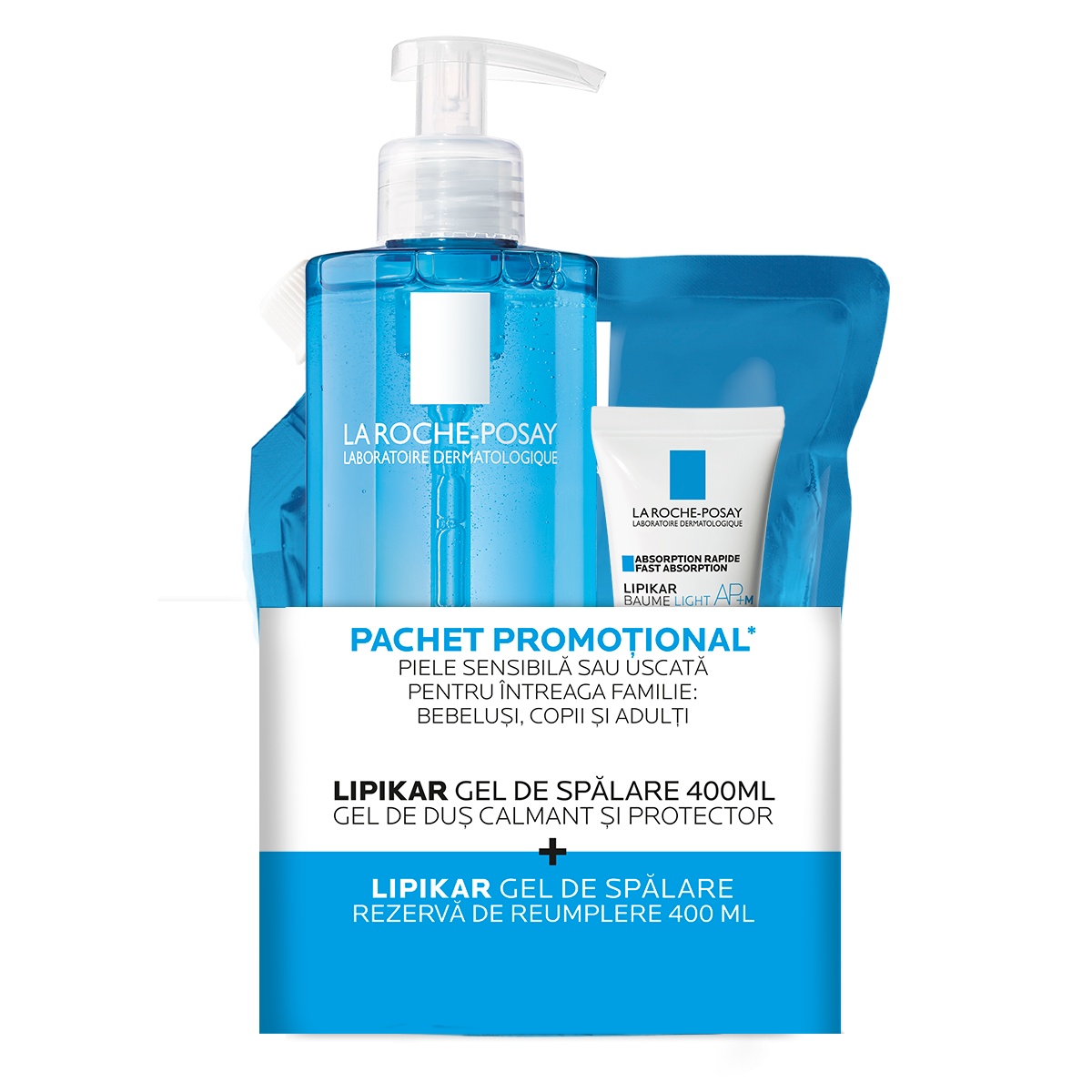 La Roche-Posay Pachet promotional Lipikar Gel de Spalare 400 ml + Rezerva 400 ml + Baume Light 15 ml