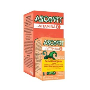 Pachet Ascovit cu Vitamina C cu arama de capsuni 60 coprimate + Ascovit cu Vitamina C cu aroma de piersica 100mg, 20 comprimate, Perrigo