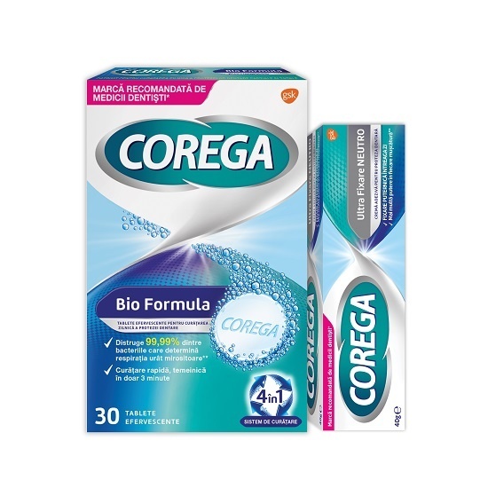 Pachet Corega: Crema adeziva Neutro 40g + Tablete efervescente Bio Formula, 30 buc
