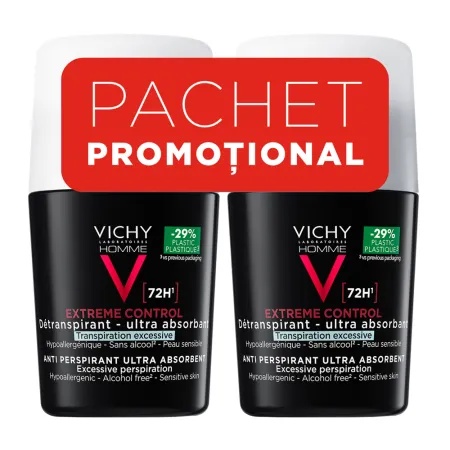 Pachet Deodorant roll-on antiperspirant pentru barbati Control Extrem 72H, 50 ml + 50 ml, Vichy