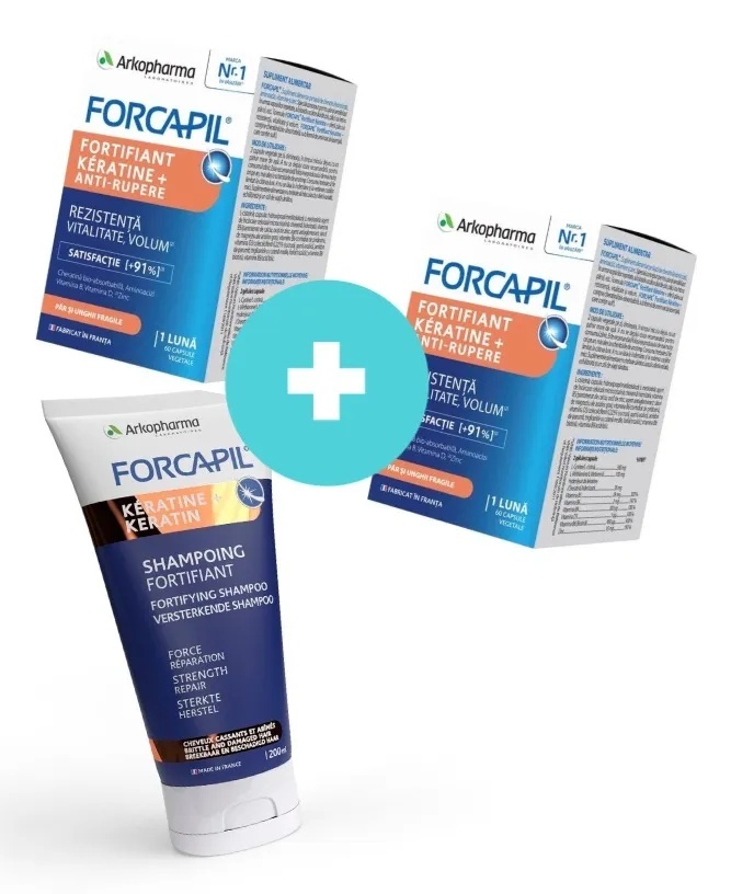 Pachet Forcapil Fortifiant Keratine+, 60 capsule, 2 bucati + Sampon Fortifiant Forcapil, 200ml, Arkopharma