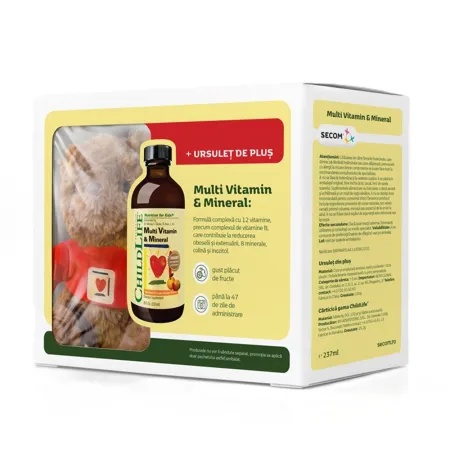 Pachet Multivitamine și minerale copii ChildLife Essentials 237 ml + Ursuleț de pluș (Secom)
