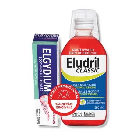 Pachet Pasta de dinti pentru gingii iritate 75 ml + Apa de gura Eludril 500 ml, Elgydium