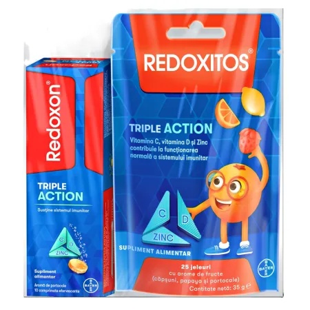 Pachet Redoxon Triple Action – 10 comprimate + Redoxitos Triple Action Jeleuri, 25 bucati, Bayer