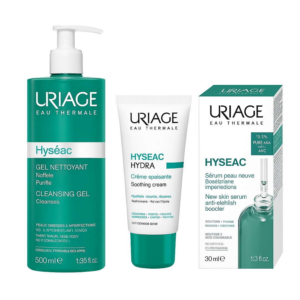 Pachet rutina completa Uriage Hyseac – Gel Curatare + Hydra + Serum Anti-imperfectiuni