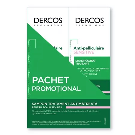 Pachet Sampon Anti-Matreata Scalp Sensibil Dercos Sensitive, 200 ml + 200 ml, Vichy