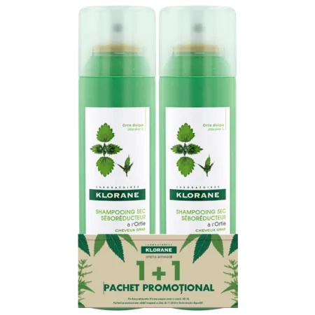 Pachet Șampon Uscat cu Extract de Urzică, 150 ml + 150 ml, Klorane