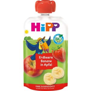 Piure bio Hippis cu mar, capsuni si banana 12luni+, 100g, Hipp