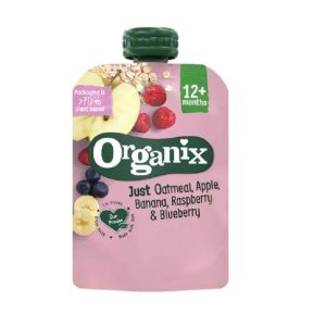 Piure din ovaz cu mere, banane, zmeura si coacaze bio, +12 luni, 100g, Organix