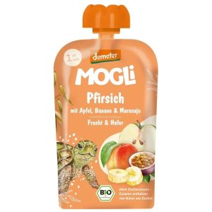 Piure piersici, banane, mar, fructul pasiunii si ovaz Eco, Mogli, 100g, Managis