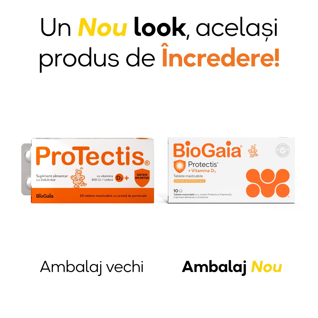Protectis cu vitamina D3 800 UI portocale, 10 tablete masticabile, BioGaia
