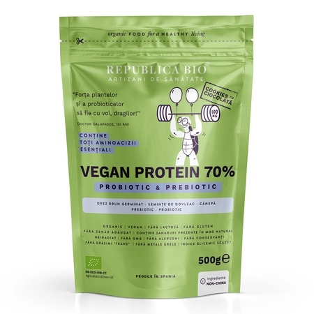 Pudra proteica Bio vegana 70% cu aroma de cookies, 500 g, Republica Bio