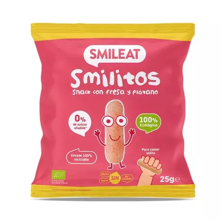 Pufuleti Smilitos Bio cu ulei de masline, banane si capsuni +6 luni, 25 g – Smileat