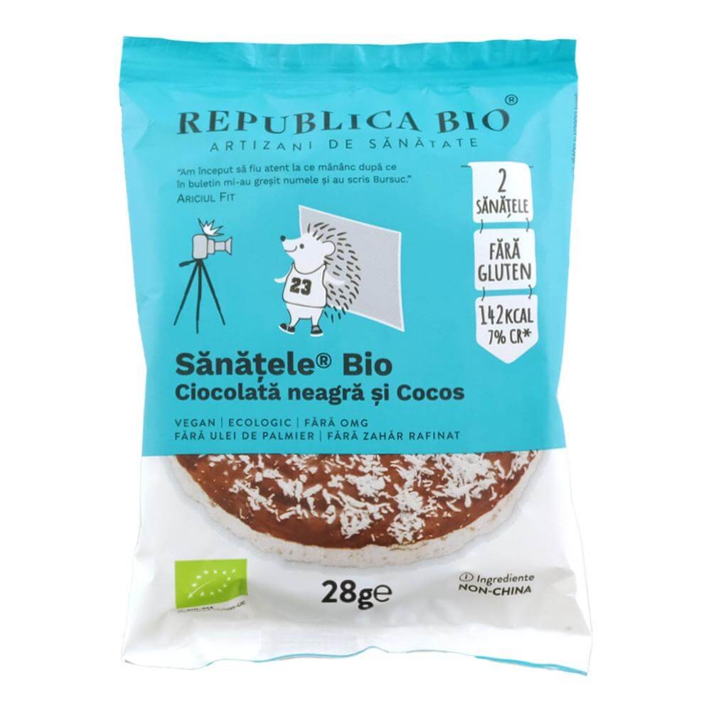 Sanatele Bio cu ciocolata neagra si cocos, eco, fara gluten, 28g, Republica Bio