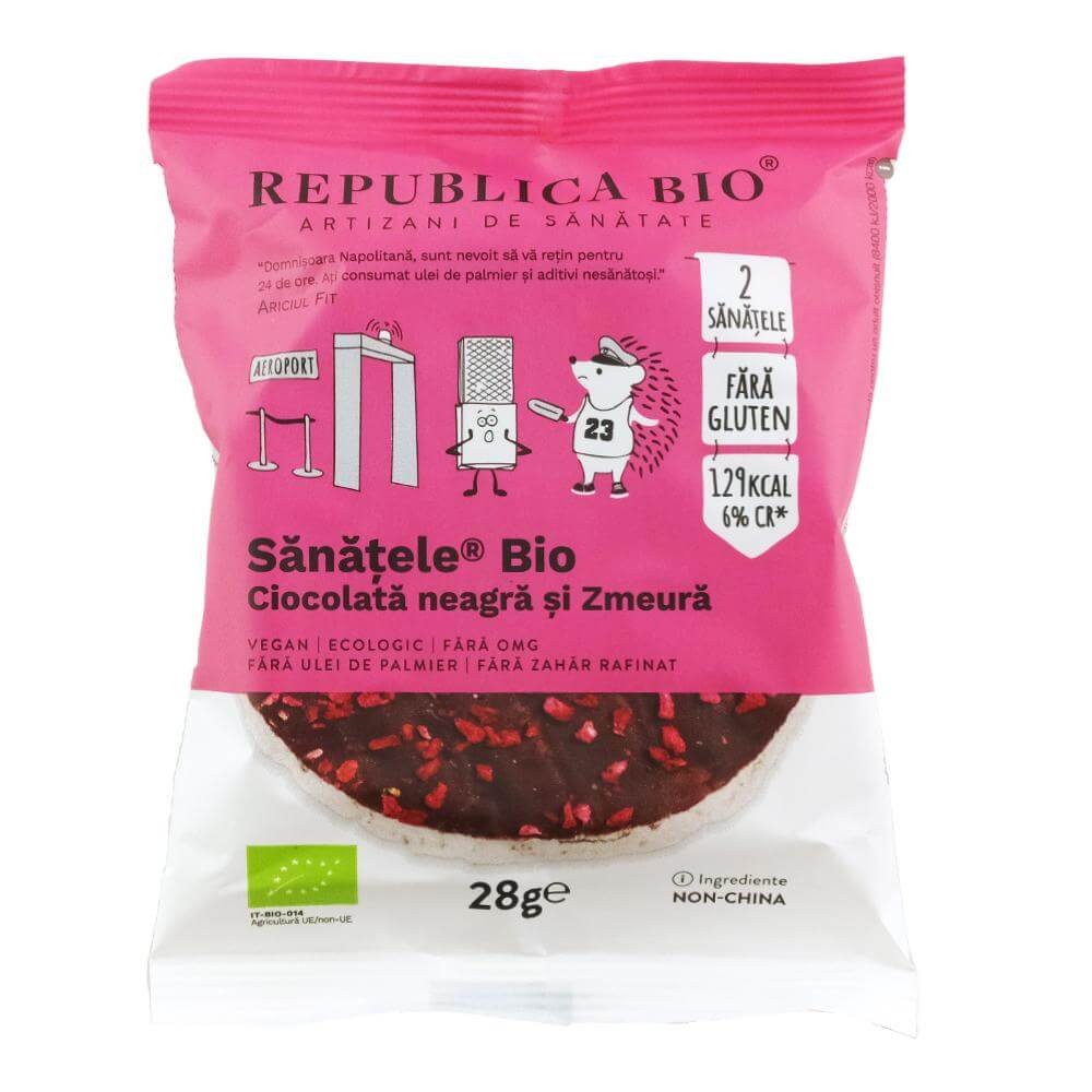 Sanatele Bio cu ciocolata neagra si zmeura, eco, fara gluten, 28g, Republica Bio