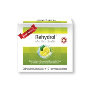 Saruri de hidratare Rehydrol cu menta si lamaie, 20 + 10 comprimate efervescente, pachet promo, MBA Pharma
