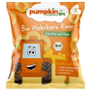 Snack bio inele din multicereale cu morcov si mango 8l+, 20g, Pumpkin Organics