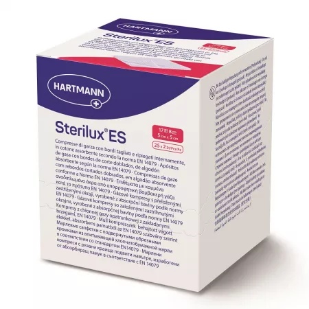 Sterilux ES – Comprese sterile din tifon 10 x 10 cm, 8 straturi, 25 x 5 bucati – Hartmann