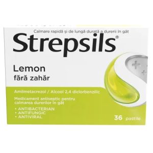 Strepsils Lemon fara zahar, 36 pastile de supt, Reckitt