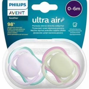 Suzete Ultra Air Mov/Verde, 0-6 luni, 2 bucati, SCF085/24, Avent