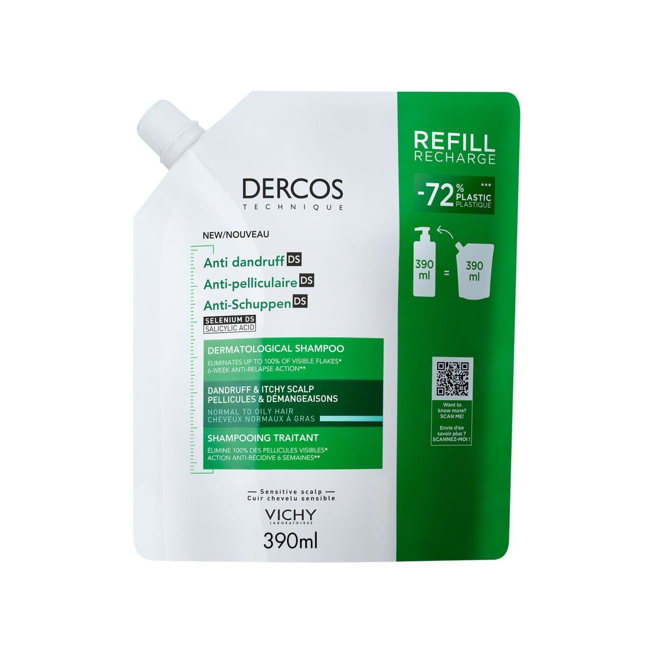Vichy Dercos Sampon Anti-matreata pentru par normal pana la gras, rezerva eco 390 ml