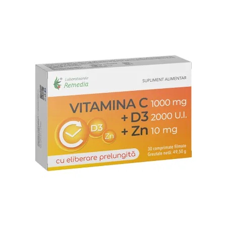 Vitamina C 1000 mg + Zinc 10 mg + D3 2000 UI, 30 comprimate filmate – Remedia