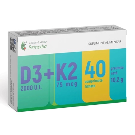 Vitamina D3 2000 UI + Vitamina K2 75 mcg, 40 comprimate filmate – Remedia