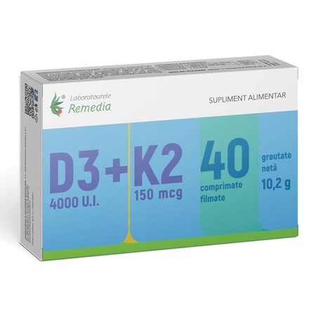 Vitamina D3 4000 UI + Vitamina K2 150 mcg, 40 comprimate filmate – Remedia